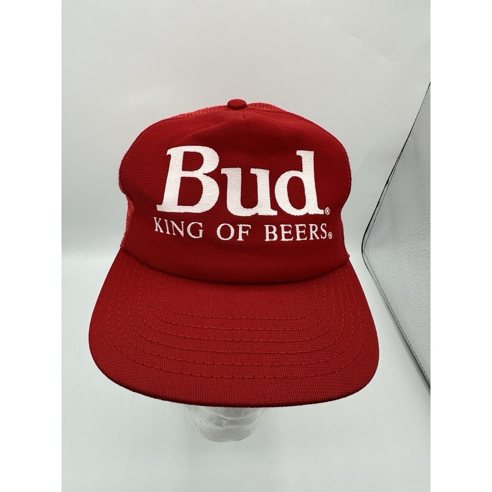 Vintage Budweiser Trucker Hat Red King of Beers Mesh Snapback USA Made